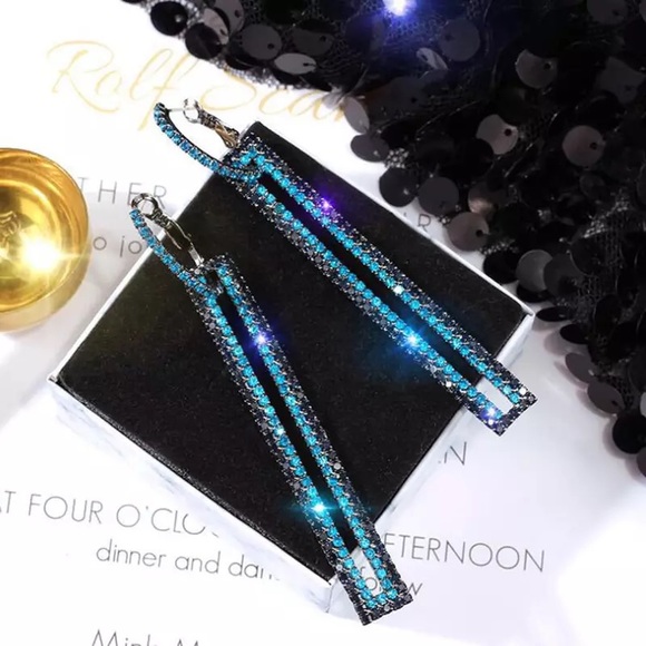 🌺exaggerated rectangular shape long blue earrings - Picture 4 of 6